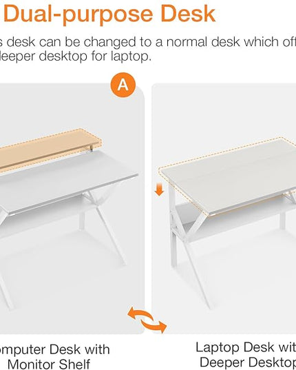ODK Small Computer Desk, 27.5 inch Desk for Small Spaces with Storage, Compact Table with Monitor & Storage Shelves for Home Office, Modern Style Laptop Desk, Pure White - LeafyLoom