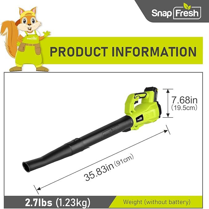 SnapFresh Cordless Leaf Blower - 180 CFM Leaf Blower with Battery & Charger, 2 Section Tubes, Free Control Speed,Lightweight, Electric Leaf Blower for Blowing Leaves, Lawn Care, Dust & Other Debris - LeafyLoom