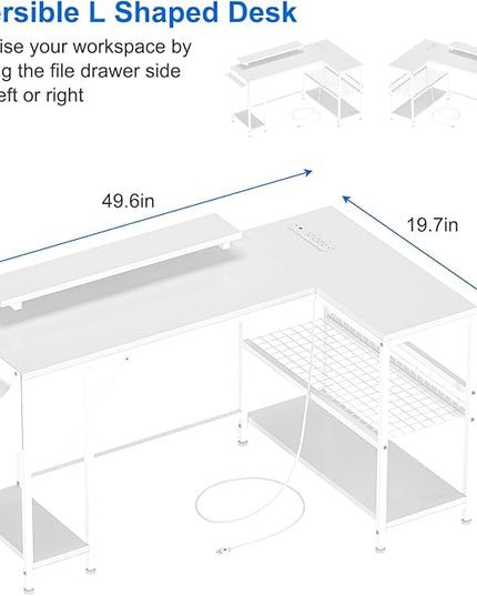 L Shaped Computer Desk with Power Outlets & LED Light, 49.6" Reversible Corner Computer Desk with Storage Shelves & Monitor Stand, Home Office Desk, Gaming Desk, Writing Desk (White) - LeafyLoom