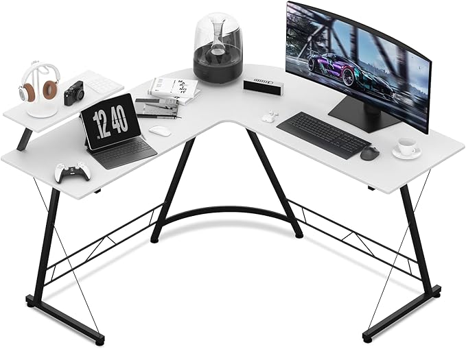 MoNiBloom L Shaped Computer Desk Corner Table with Metal Frame, L Desk Workstation for Home Office, Space-Saving, White - LeafyLoom