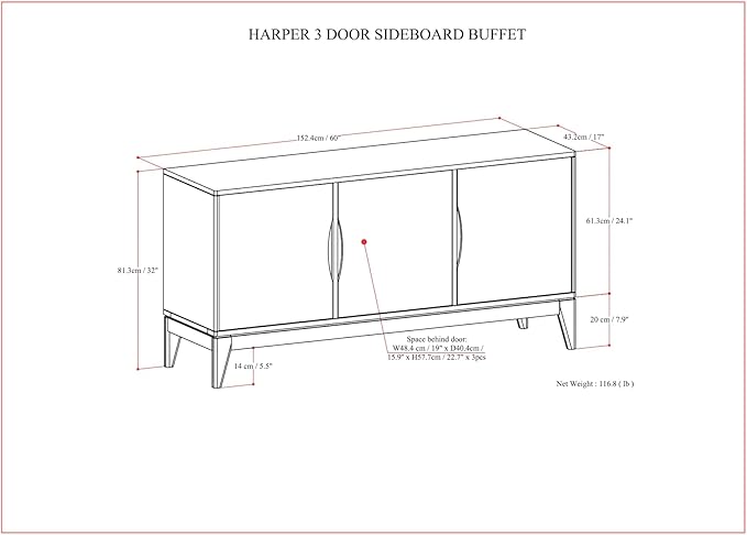 SIMPLIHOME Harper Solid Hardwood and Rubberwood 60 inch x 17 inch Rectangle Mid Century Modern 3 Door Sideboard Buffet/Storage Cabinet in Walnut Brown for The Dining Room and Kitchen - LeafyLoom