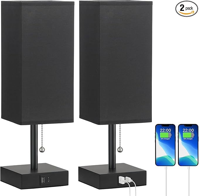 aooshine Table Lamps Set of 2 - Black, USB A and USB C Charging, Pull Chain Control, Bulb NOT Included, Small - LeafyLoom