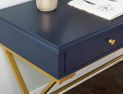 Linon Campaign Desk Navy with Gold Legs, Blue - LeafyLoom