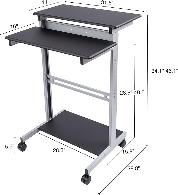 S STAND UP DESK STORE Rolling Adjustable Height Two Tier Standing Desk Computer Workstation (Silver Frame/Black Top, 32 Wide) - LeafyLoom