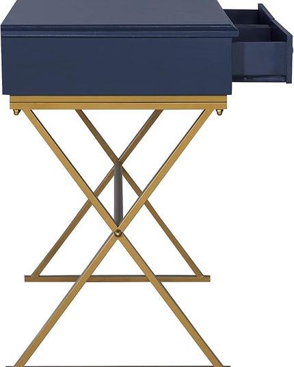 Linon Campaign Desk Navy with Gold Legs, Blue - LeafyLoom