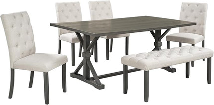 RITSU 6 Piece Kitchen Dining, 72 inch Wooden Rectangular Table with 4 Upholstered Chairs & a Bench, Modern Dinette Sets for 6 People, Living Room Furniture, Gray-1 - LeafyLoom