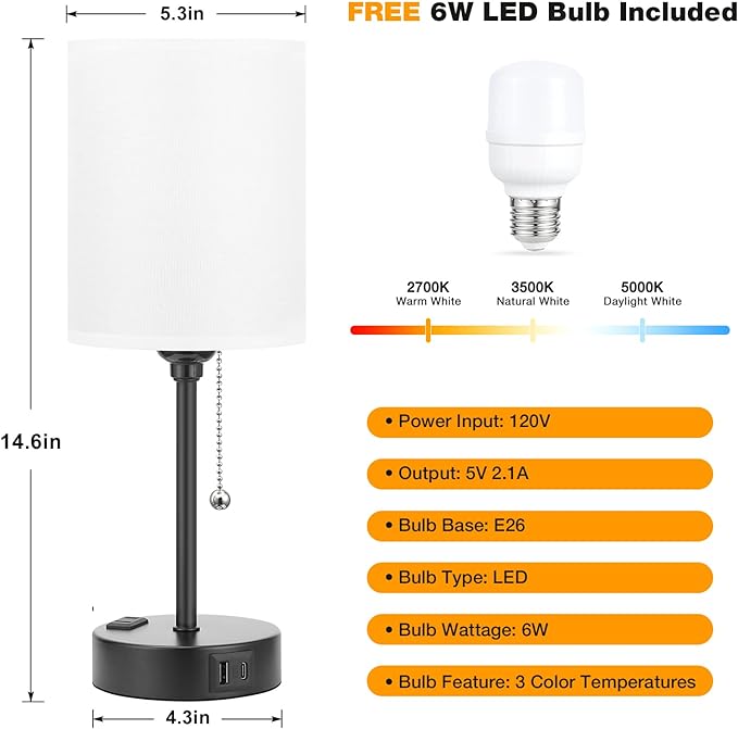 Small Bedroom Lamps with USB C and A Ports 3 Color Temperatures - 2700K 3500K 5000K Pull Chain White Nightstand Bedside Table Lamps with AC Outlet, Metal Base for Kids Reading - LeafyLoom