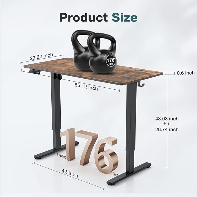 Sweetcrispy 55 x 24in Adjustable Height Electric Standing Computer Home Office Desk Ergonomic Workstation with 3 Memory Controller, 55"x24", Rustic Brown+Black - LeafyLoom