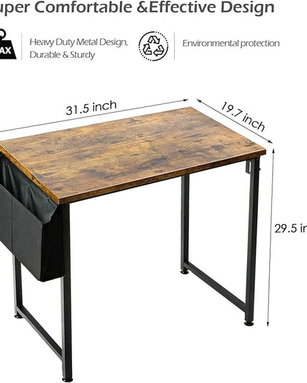 Lufeiya Small Computer Desk Study Table for Small Spaces Home Office 31 Inch Rustic Student Laptop PC Writing Desks with Storage Bag Headphone Hook,Brown - LeafyLoom