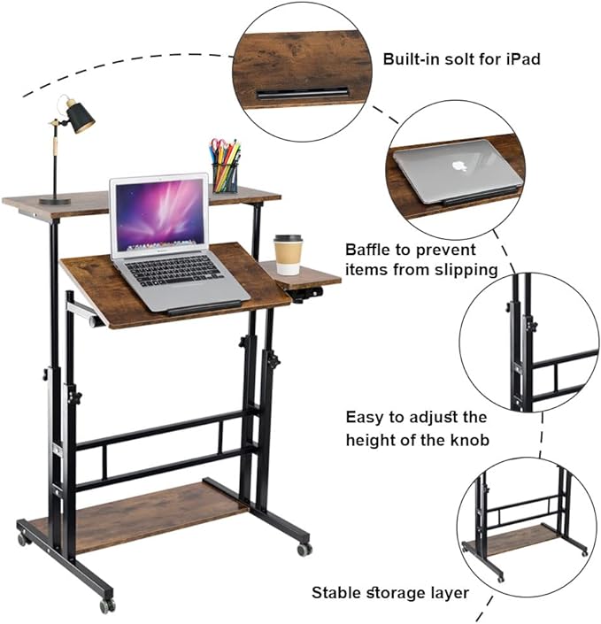 Hadulcet Mobile Standing Desk, Rolling Table Adjustable Computer Desk, Stand Up Laptop Desk Mobile Workstation for Home Office Classroom with Wheels, 31.49 x 23.6 in Rustic Brown - LeafyLoom