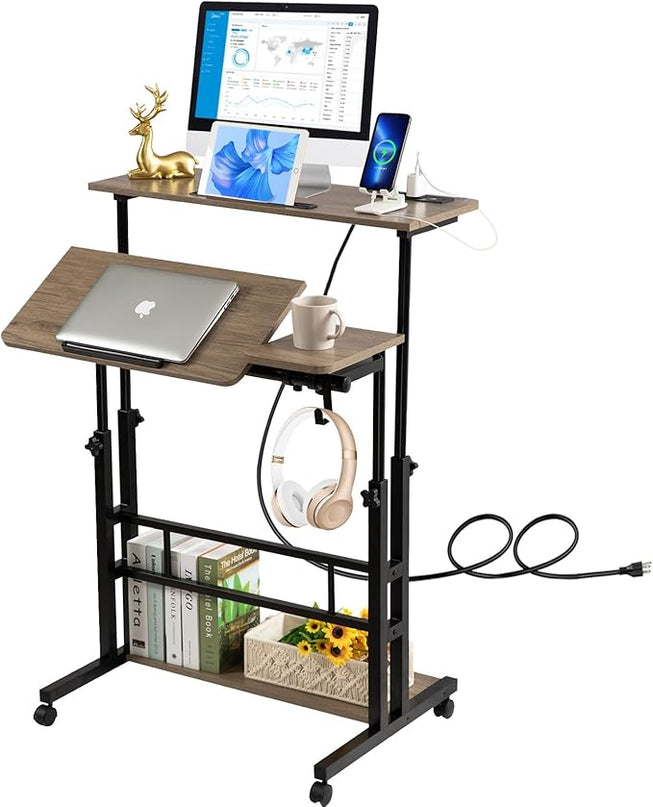 Hadulcet Stand Up Desk, Rolling Desk Adjustable Height, Mobile Standing Desk with Wheels & Charging Station Grey or Rustic Brown - LeafyLoom