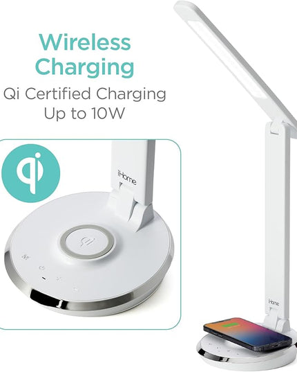 iHome Desk Lamp with Charging Station, Reading Light with Wireless Charging and USB Charging – White (ILW200W) - LeafyLoom