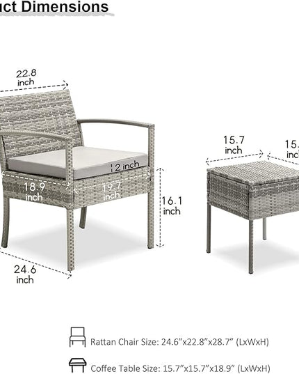 3 Pieces Patio Furniture Set, Balcony Furniture, Patio Bistro Set All-Weather Wicker Chairs Conversation Set with Cushions Table for Outdoor Backyard Porch Lawn (Grey-Grey) - LeafyLoom