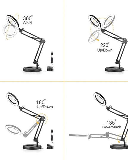 Meichoon LED Desk Lamp with Round Base 5X Magnifying Glass Foldable Arm Eye-Caring USB Table Light 3 Color Modes 10 Brightness Levels for Home Office Reading Makeup Crafts Repair UC38 Black - LeafyLoom