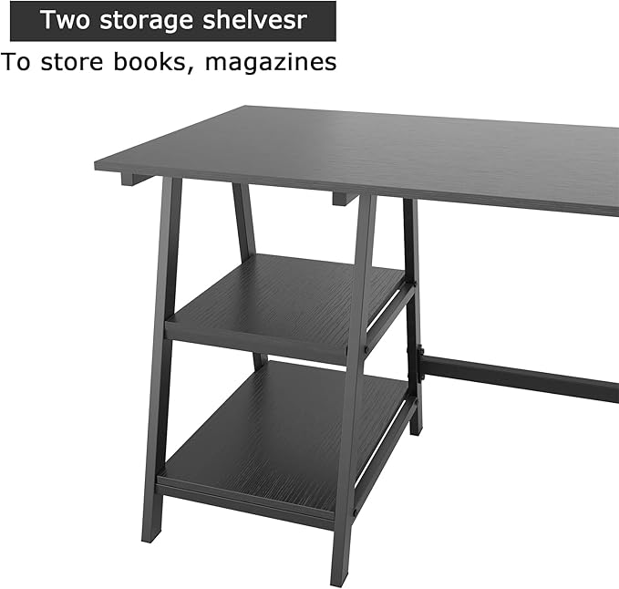 sogesfurniture 47 inches Writing Computer Study Desk with 2 Tier Storage Shelves on Left or Right Side, Trestle Desk, Home Office Study Desk,Black - LeafyLoom