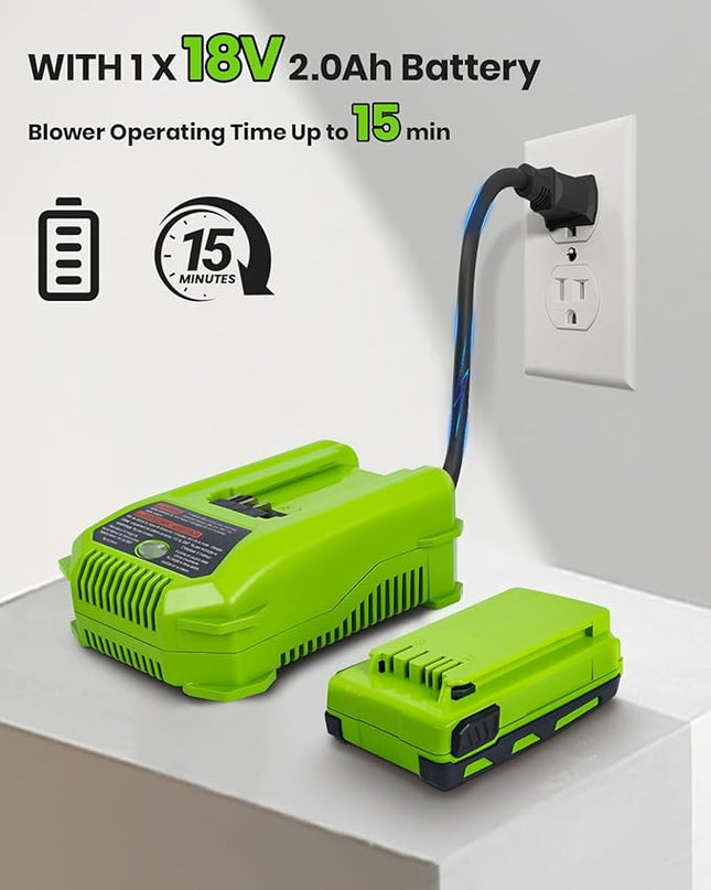 HARDELL Leaf Blower, 18V Small Leaf Blower Cordless with 2.0Ah Battery & Fast Charger, Lightweight Electric Leaf Blower for Lawn Care, Patio, Blowing Leaves, Green - LeafyLoom