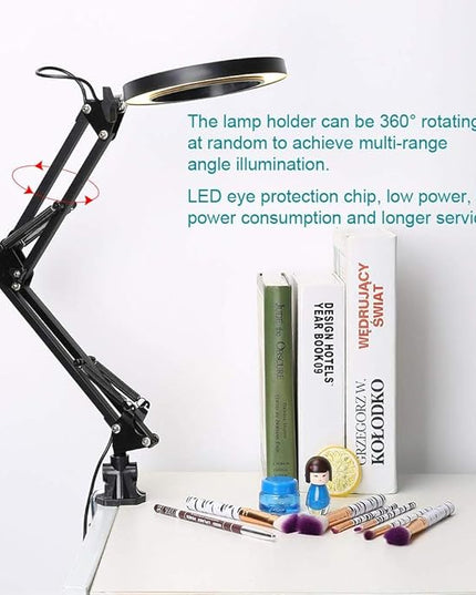 LED Magnifying Lamp with Clamp, 5X Magnifier Glass Light Lens, USB Dimmable Desk lamp for Table Craft or Workbench - LeafyLoom