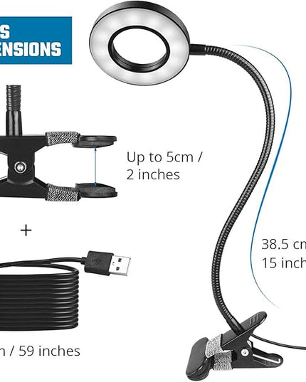 Clip on Desk Lamp, 48 LED Eye Caring Reading Light with 3 Color Modes 10 Brightness, Dimmer 360°Flexible Gooseneck USB Clamp for Reading, Working, Studying, Makeup, Nail Art (Black) - LeafyLoom