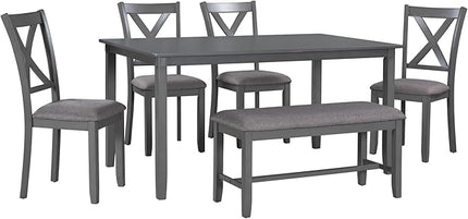 6 Piece Set Wooden Rectangular Dining Table, 4 Fabric Chairs, and Bench Family Furniture, for Playroom, Living Room, Home Bar, and Kitchen, Dark Gray Wood - LeafyLoom