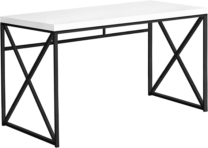 Monarch Specialties Modern Industrial Style-Home & Office Writing Table with Sturdy Crisscross Metal Computer Desk, 48" L, Glossy White/Black Frame - LeafyLoom