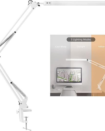 LED Desk Lamp, Architect Task Lamp, Metal Swing Arm Dimmable Drafting Table Lamp with Clamp (3 Color Modes, 10-Level Dimmer, Memory Function) Highly Adjustable Office, Craft, Workbench Light - LeafyLoom