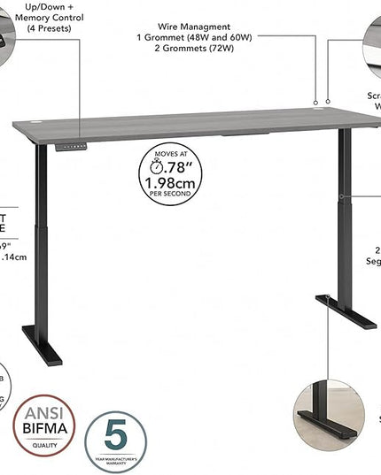 Bush Business Furniture Move 60 Electric Ergonomic Sit-Stand Computer Table for Home and Professional Office, 72W x 30D, Platinum Gray - LeafyLoom