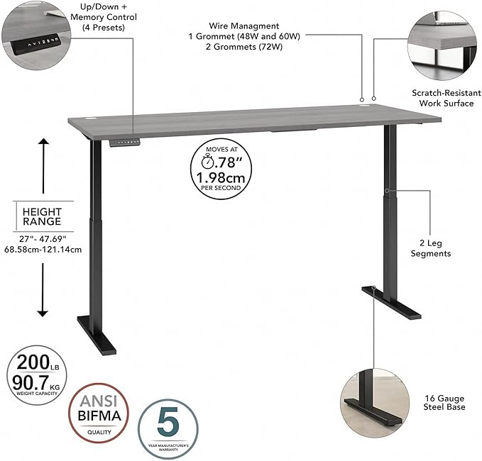 Bush Business Furniture Move 60 Electric Ergonomic Sit-Stand Computer Table for Home and Professional Office, 72W x 30D, Platinum Gray - LeafyLoom