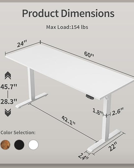 Electric Standing Desk, Large 60 x 24 Inches Height Adjustable Desk, Sit Stand up Desk for Work Office Home, Ergonomic Rising Computer Table with Memory Preset, White - LeafyLoom
