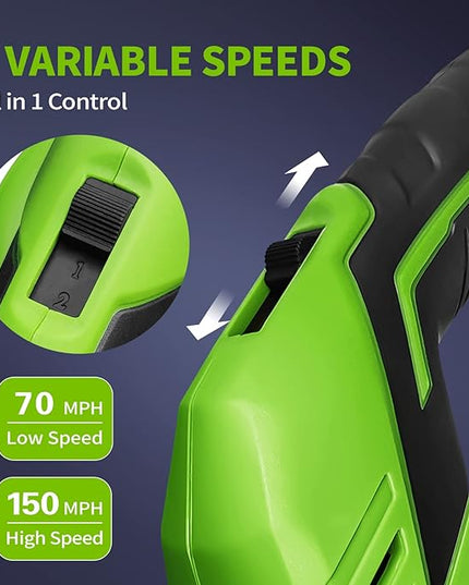 SEYVUM Leaf Blower, 20V Cordless Leaf Blower with 2 Pcs Battery, Electric Leaf Blower for Lawn Care, 320CFM 150MPH Battery Powered Leaf Blower, for Patio, Garden Cleaning, Fast Charger Included, Green - LeafyLoom