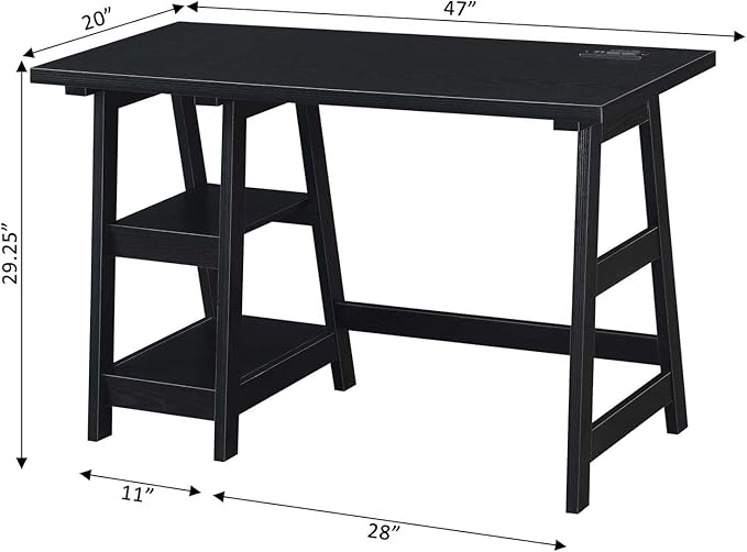 Convenience Concepts Designs2Go Trestle Desk with Charging Station and Shelves, Black - LeafyLoom