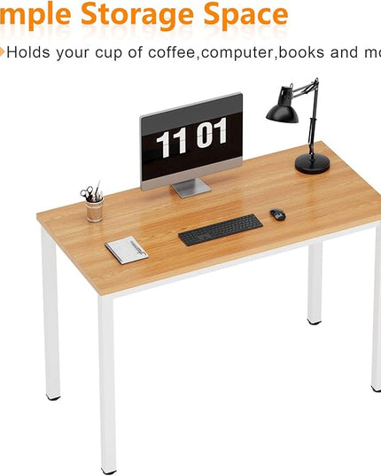 Need Small Desk, 39.4 inches Sturdy Writing Desk for Small Spaces, Small Computer Desk Teens Desk Study Table Laptop Desk Home Ofice Desk, White Metal Frame, Teak - LeafyLoom