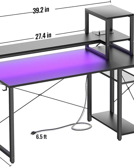 Gaming Desk with Lights & Power Outlets, 39.4' Computer Desk with Shelves, Small Desk for Small Space, Writing Desk with Monitor Stand, Black - LeafyLoom