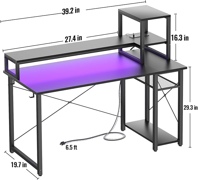 Gaming Desk with Lights & Power Outlets, 39.4' Computer Desk with Shelves, Small Desk for Small Space, Writing Desk with Monitor Stand, Black - LeafyLoom