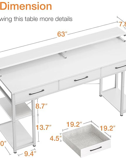 ODK Computer Desk with Drawers and Storage Shelves, 63 inch Home Office Desk with Monitor Stand, Modern Work Study Writing Table Desk for Small Spaces, White + White leg - LeafyLoom