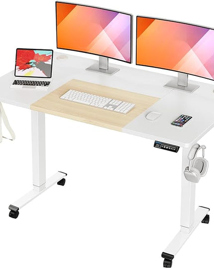 MOUNTUP 55x28 Inches Electric Height Adjustable Standing Desk, Sit Stand Desk with Memory Controller, Ergonomic Stand Up Desk for Home Office with Splice Board, White+Oak - LeafyLoom