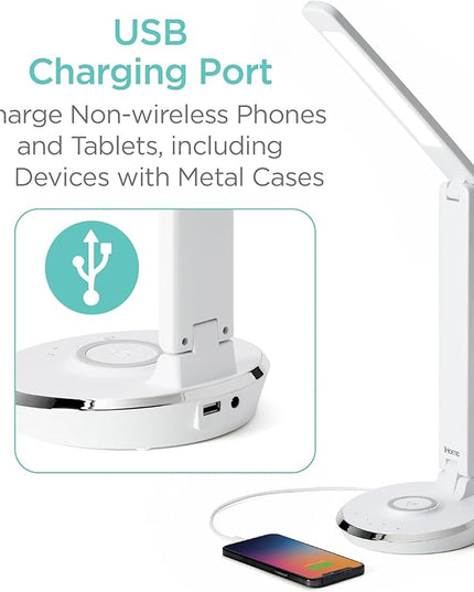 iHome Desk Lamp with Charging Station, Reading Light with Wireless Charging and USB Charging – White (ILW200W) - LeafyLoom