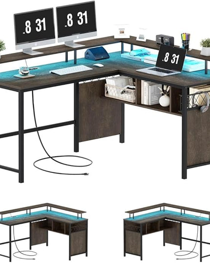 Industrial Home Office Desk with Storage, L Shaped Desk with Power Outlet, Reversible Computer Desk with Monitor Stand, Corner Gaming Desk with Led Lights (Walnut Brown) - LeafyLoom