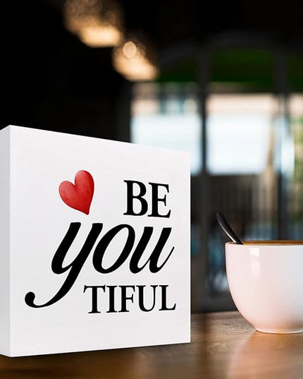 Be You Tiful Sign,Inspirational Quote Wood Box Sign,Motivational Wooden Block Signs,Positive Wood Signs,Decorations for Home Women Girl Room Office Shelf Table Decor - LeafyLoom