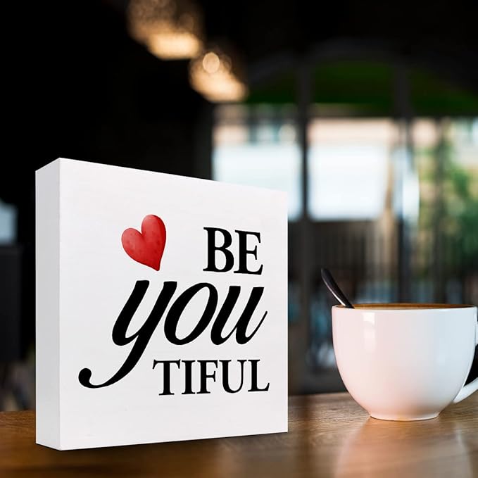 Be You Tiful Sign,Inspirational Quote Wood Box Sign,Motivational Wooden Block Signs,Positive Wood Signs,Decorations for Home Women Girl Room Office Shelf Table Decor - LeafyLoom
