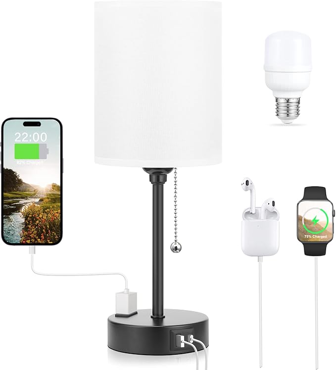 Small Bedroom Lamps with USB C and A Ports 3 Color Temperatures - 2700K 3500K 5000K Pull Chain White Nightstand Bedside Table Lamps with AC Outlet, Metal Base for Kids Reading - LeafyLoom
