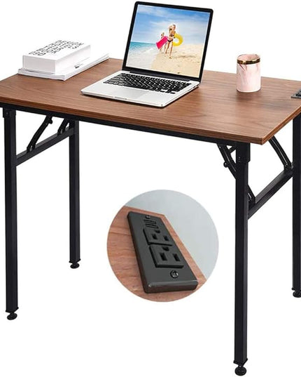 Frylr Small Folding Writing Desk with USB Ports & Power Plugs 31.5x15.7x29 Inch Small Office Computer Desks Portable for Home Office, Foldable Student Study Tables for Small Space, Walnut - LeafyLoom