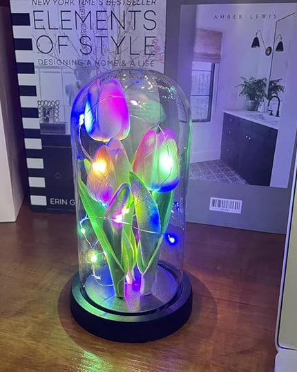LED Tulip Lamp Artificial Flower Night Light Handmade Light up Tulips in Glass Dome Table Lamp Ornaments Desktop Decor - Battery Operated (Pink-Colour light) - LeafyLoom