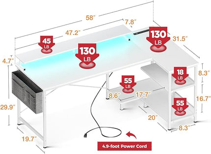 ODK 58 Inch Gaming Desk with USB Charging Ports and LED Lights, Reversible L Shaped Computer Desk with Storage Shelves & Monitor Stand, Corner Home Office Desk Table with Power Outlets, White - LeafyLoom