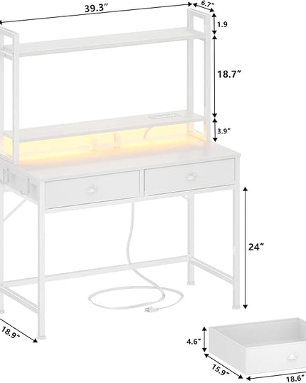 Furologee Small White Computer Desk with Power Outlet and 2 Fabric Drawers, 40" Makeup Vanity Desk with LED Light, Home Office Desk with Monitor Stand, Gaming Desk with Hutch for Small Space - LeafyLoom