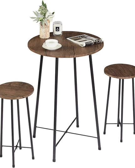 VECELO Small Bar Table and Chairs, Round Bistro Sets with 2 barstools, 3-Piece Pub Dining Furniture, Counter Height Wood Top for Breakfast Dinner Coffee Nap Conference, Easy Assembly - LeafyLoom