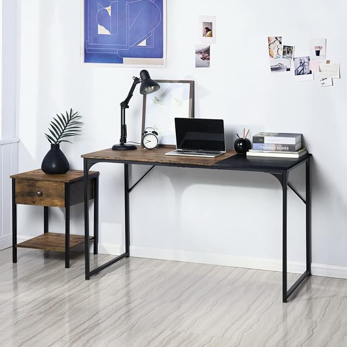FurnitureR 39.4" Home Office Table Simple Computer Desk Laptop PC Writing Sturdy Metal Frames for Study Room, Brown&Black - LeafyLoom