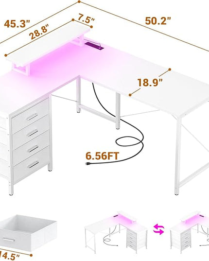 Homieasy L Shaped Desk with Drawers & Power Outlets, Reversible Computer Desk with LED Light and Monitor Stand, 50 Inch Home Office Gaming Work Study Desk with 4 Storage Drawers, White - LeafyLoom