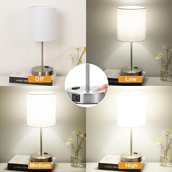 ๐ฎ๐ฌ๐ฎ๐ฏ ๐ก๐๐ช Set of 2 Touch White Table Lamps with 2 USB Ports & AC Outlet, 3-Way Dimmable Bedside Nightstand Lamps for Bedroom Living Room Nursery , 800 Lumens 5000K Daylight Bulbs Included - LeafyLoom