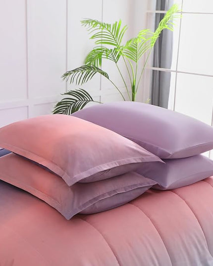6 Pieces Comforter Set Twin Size for Girls - Gradient Pink and Purple All Season Teens Comforter Bedding Set, Ultra-Soft Fluffy Down Alternative Microfiber Bed in a Bag for Kids - LeafyLoom