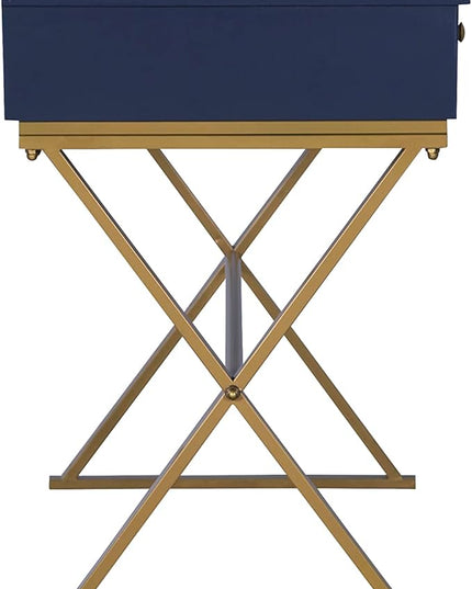 Linon Campaign Desk Navy with Gold Legs, Blue - LeafyLoom